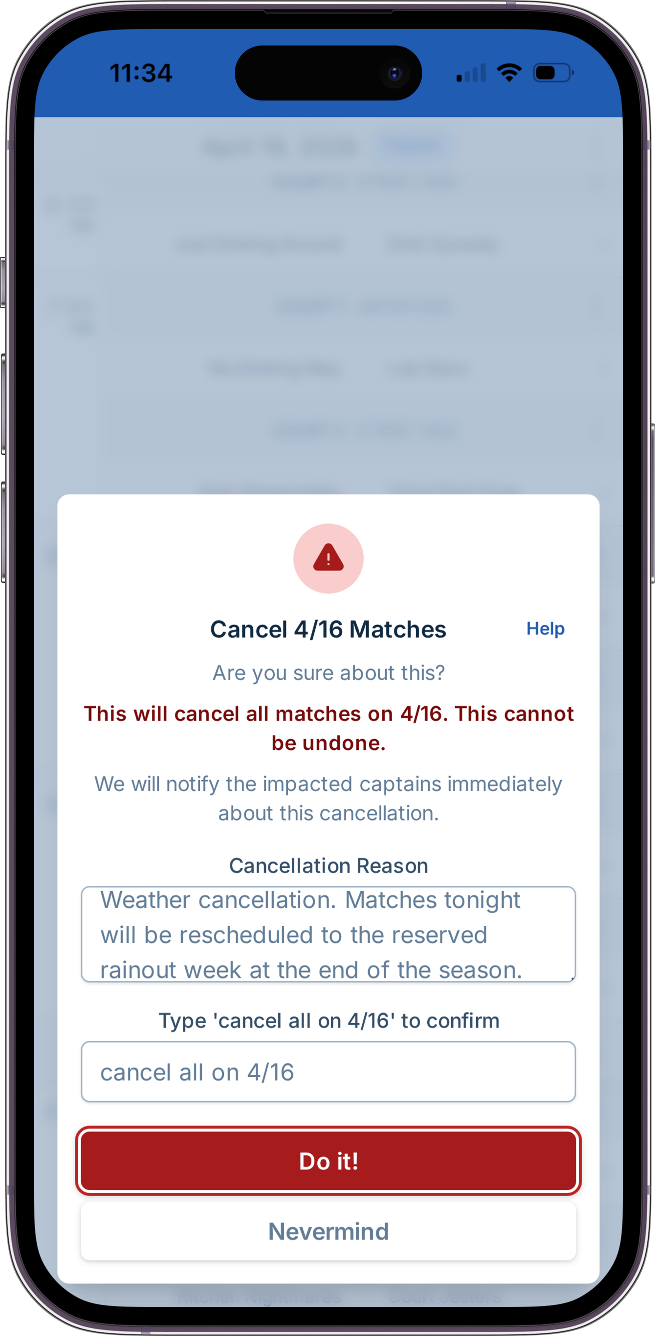 A screenshot showing the match cancellation dialog, where the manager has decided to cancel matches and is providing a message to send to captains