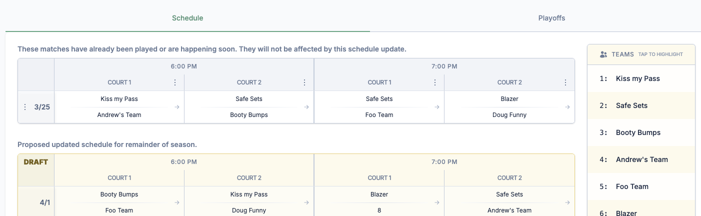 schedule review with locked and proposed matches