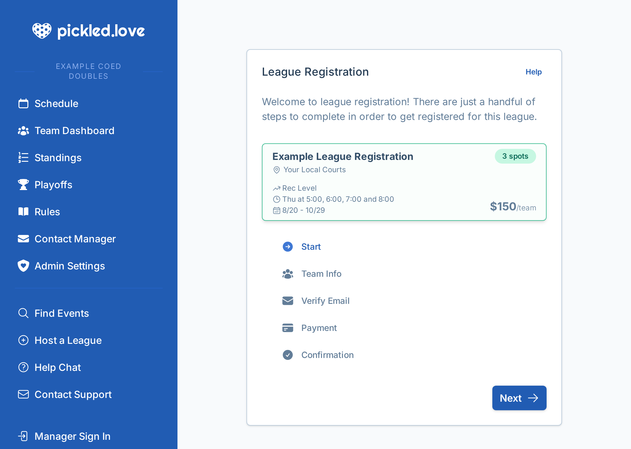 A screenshot of the team registration experience