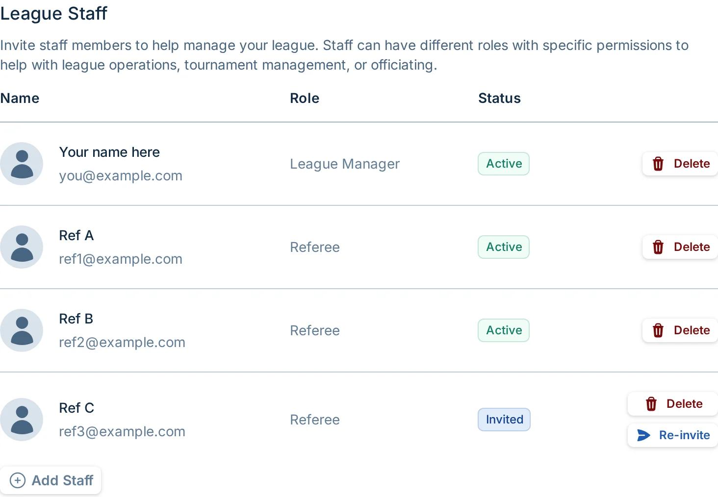 Admin Settings staff and permissions tab in pickled.love, a pickleball league admin control panel
