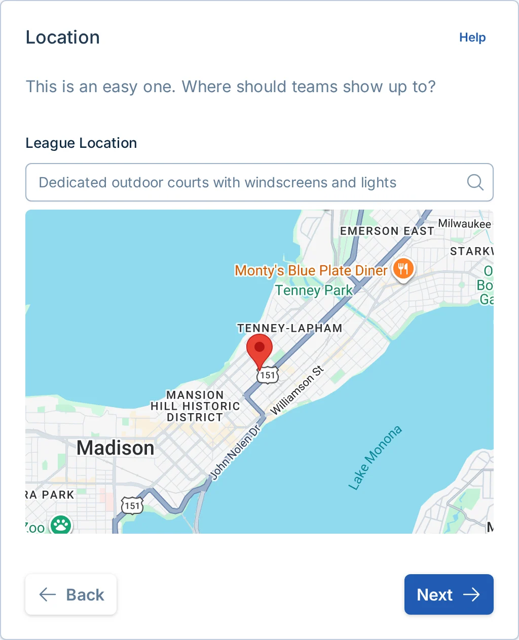 Create league location step in pickled.love, a pickleball venue and scheduling tool