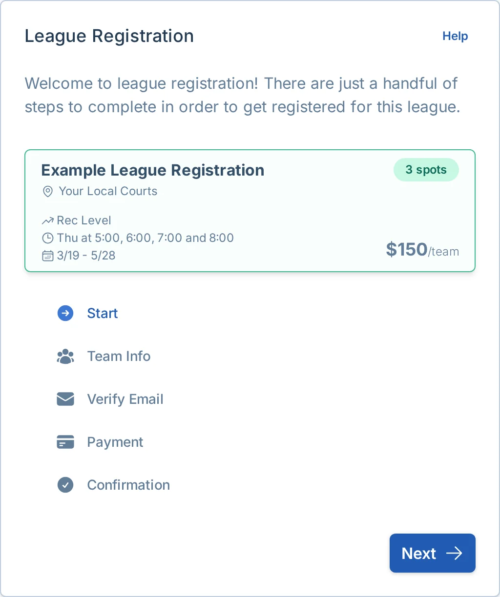 Team registration start form in pickled.love, a pickleball registration app for rec teams