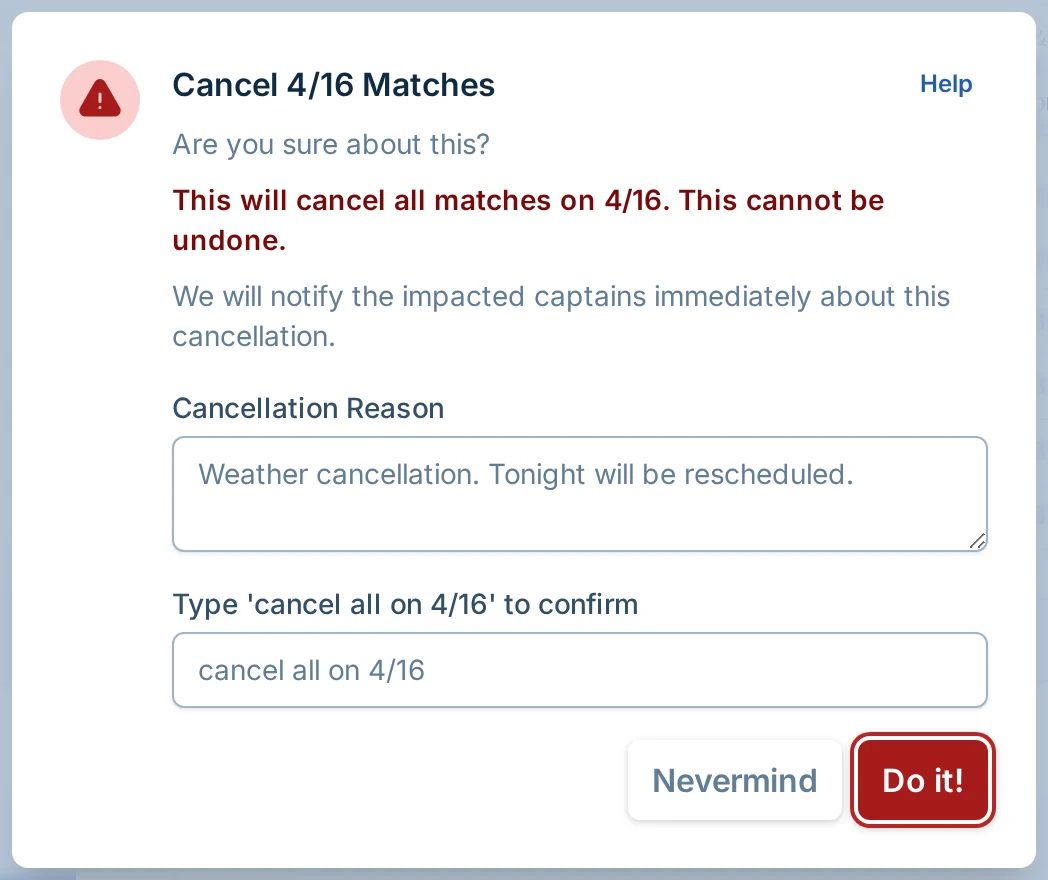 Cancel all matches confirmation dialog in pickled.love, a pickleball organizer for league admins