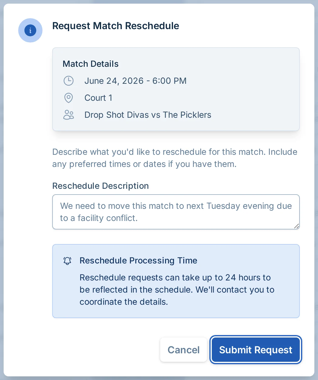 Request match reschedule dialog in pickled.love, a pickleball scheduling tool for league managers