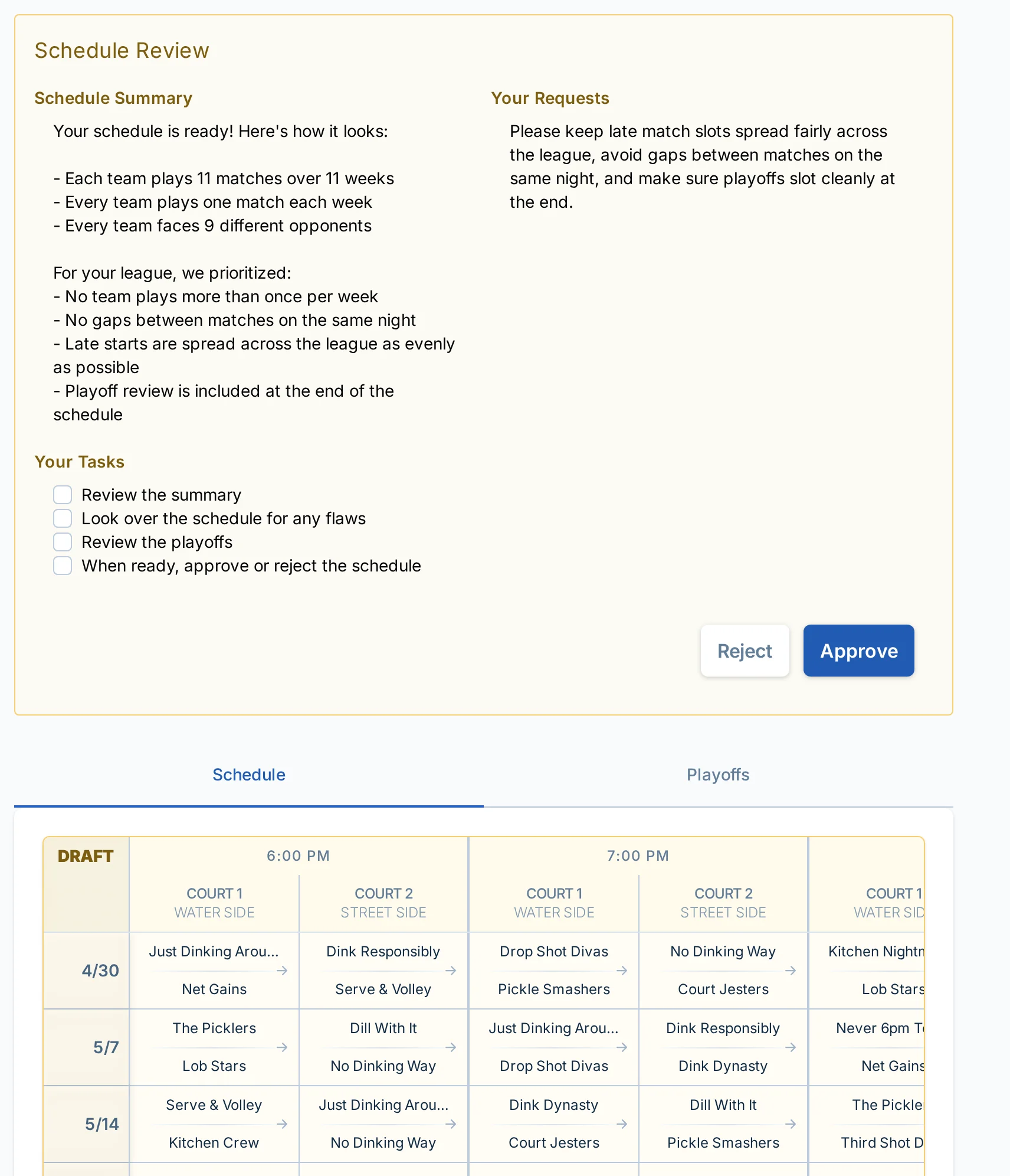Schedule review screen in pickled.love, a pickleball scheduling app for league managers