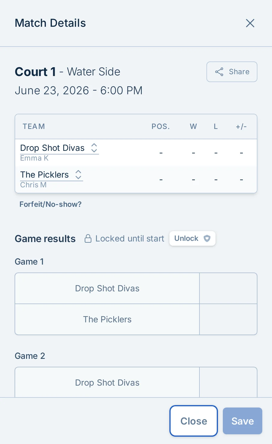 Locked score reporting form in pickled.love, a pickleball league score reporting app