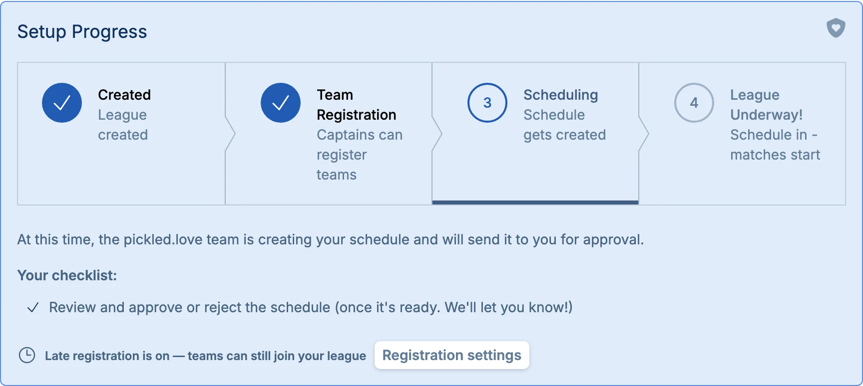 Late registration progress bar in pickled.love, a pickleball signup workflow app