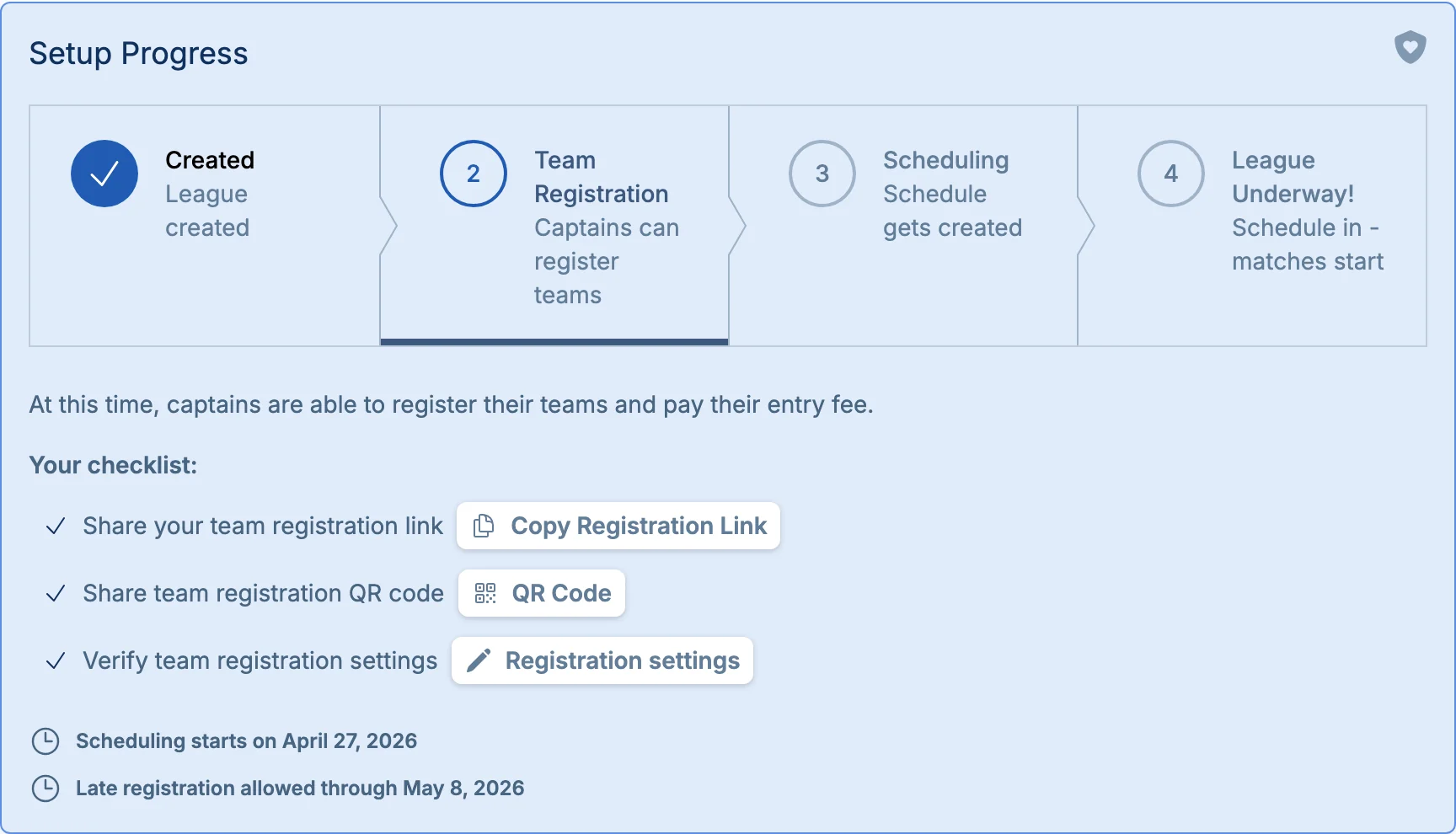 League setup progress bar in pickled.love, a pickleball registration workflow tool