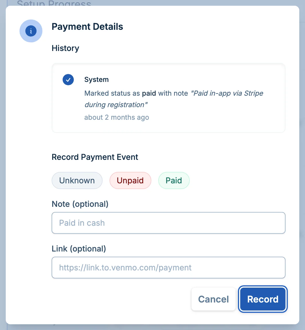 Team payment details dialog in pickled.love, a pickleball registration payments dashboard
