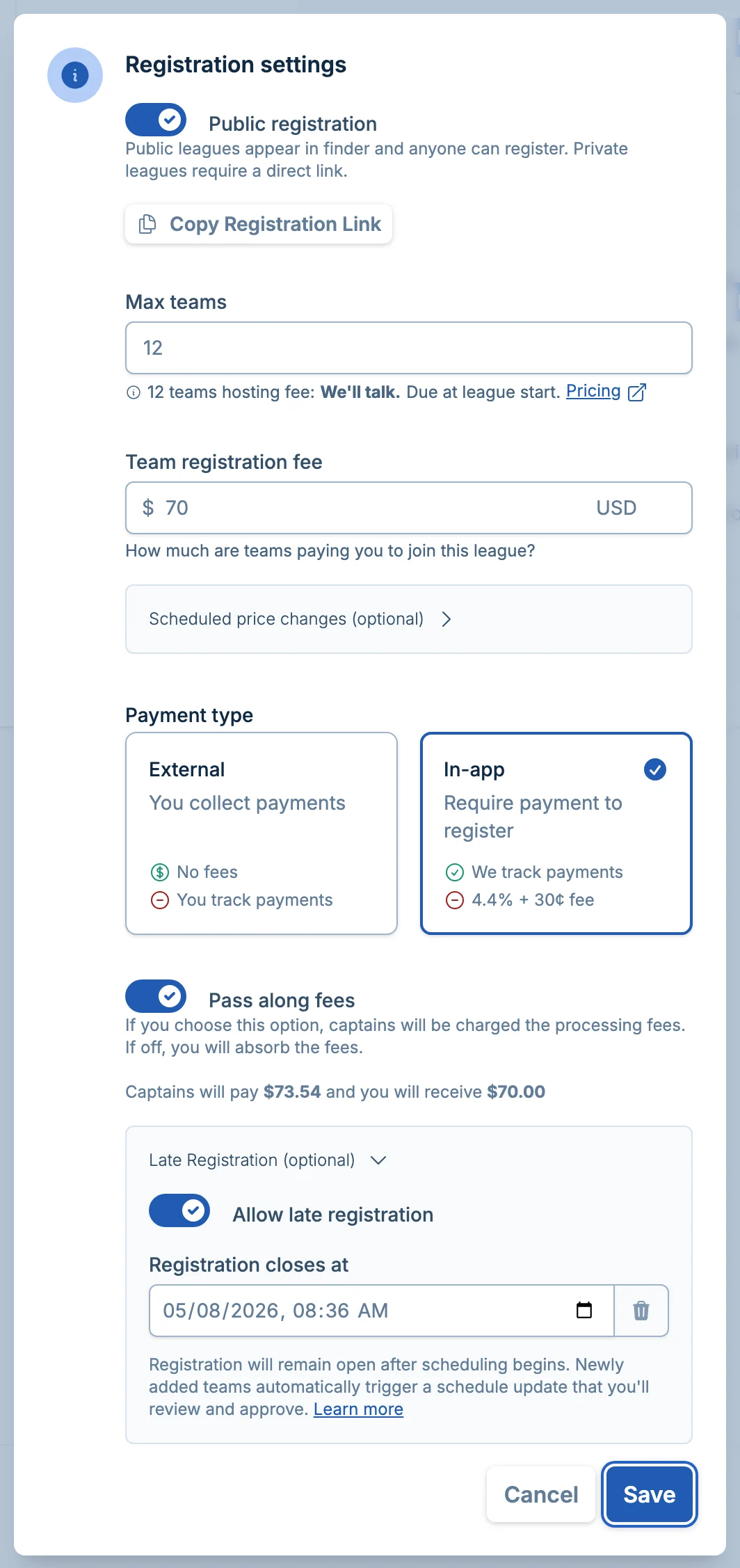 League registration settings in pickled.love, a pickleball registration and payments app