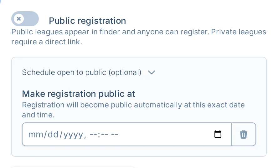 Scheduled public registration controls in pickled.love, a pickleball league registration settings screen