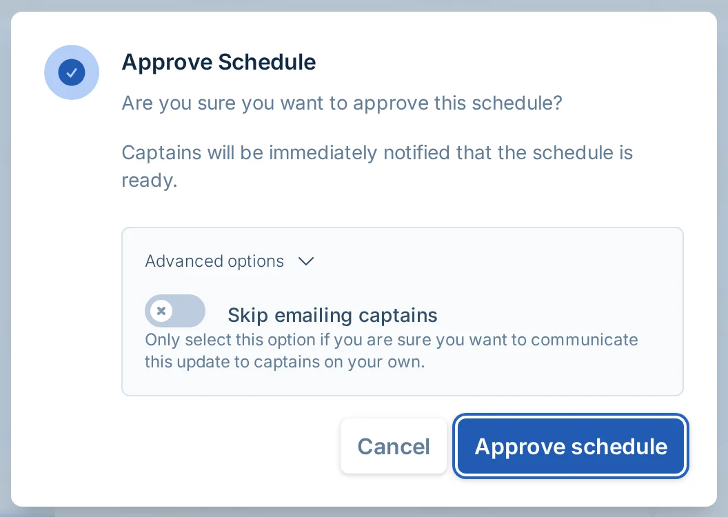 Approve Schedule dialog in pickled.love, a pickleball scheduling review tool for league managers