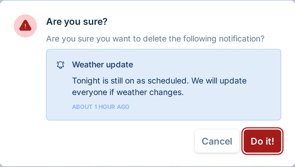 Delete notification confirmation in pickled.love, a pickleball league manager communication tool