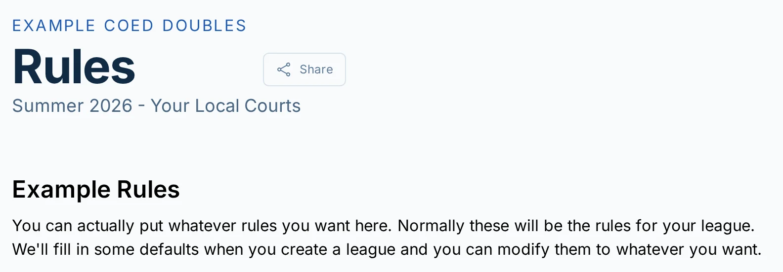 Rules page in pickled.love, a pickleball league management app
